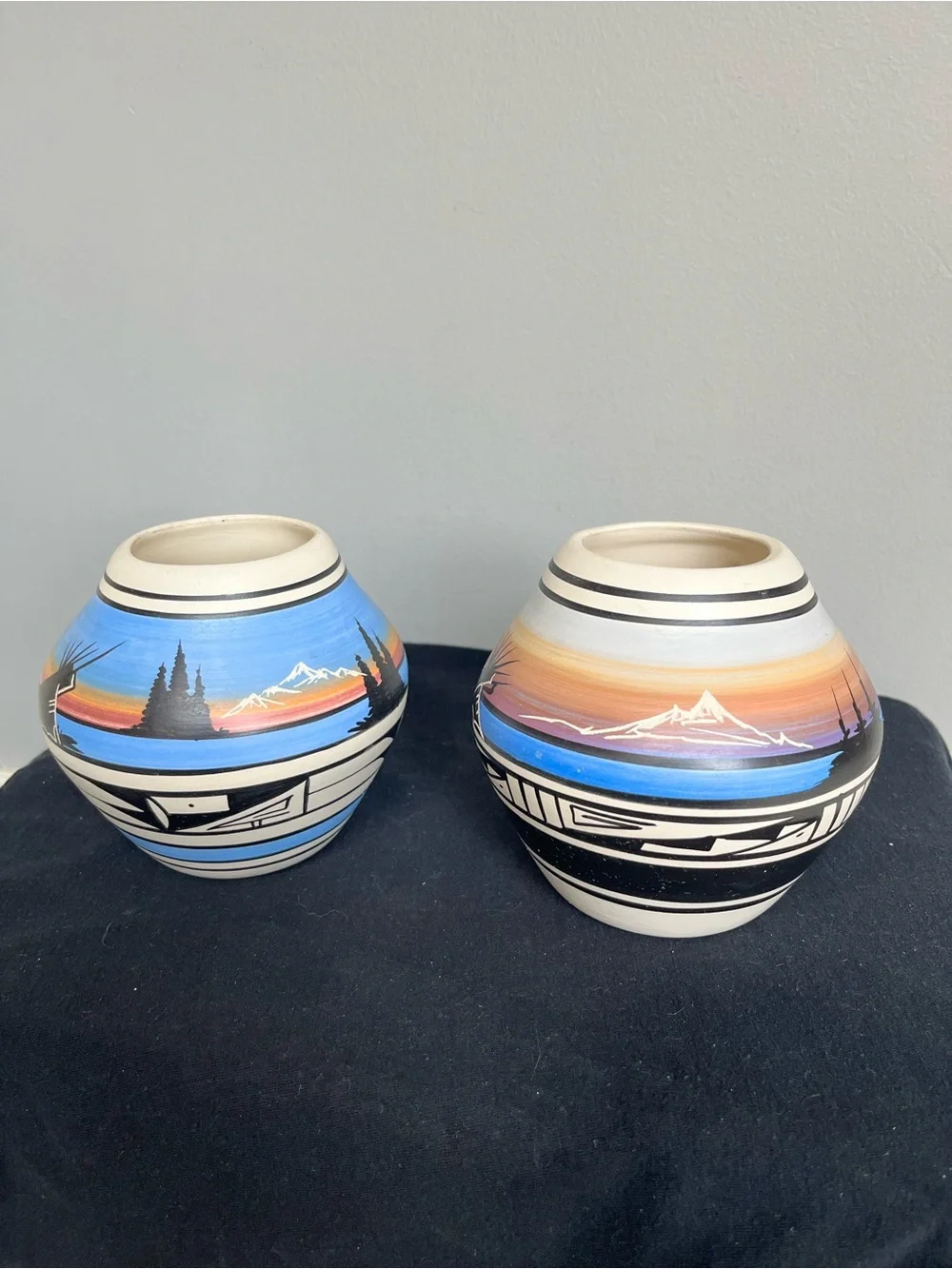 Signed Navajo Naatsiilid Cedar Mesa Pottery Pair Sunset Landscape Etched Vessels